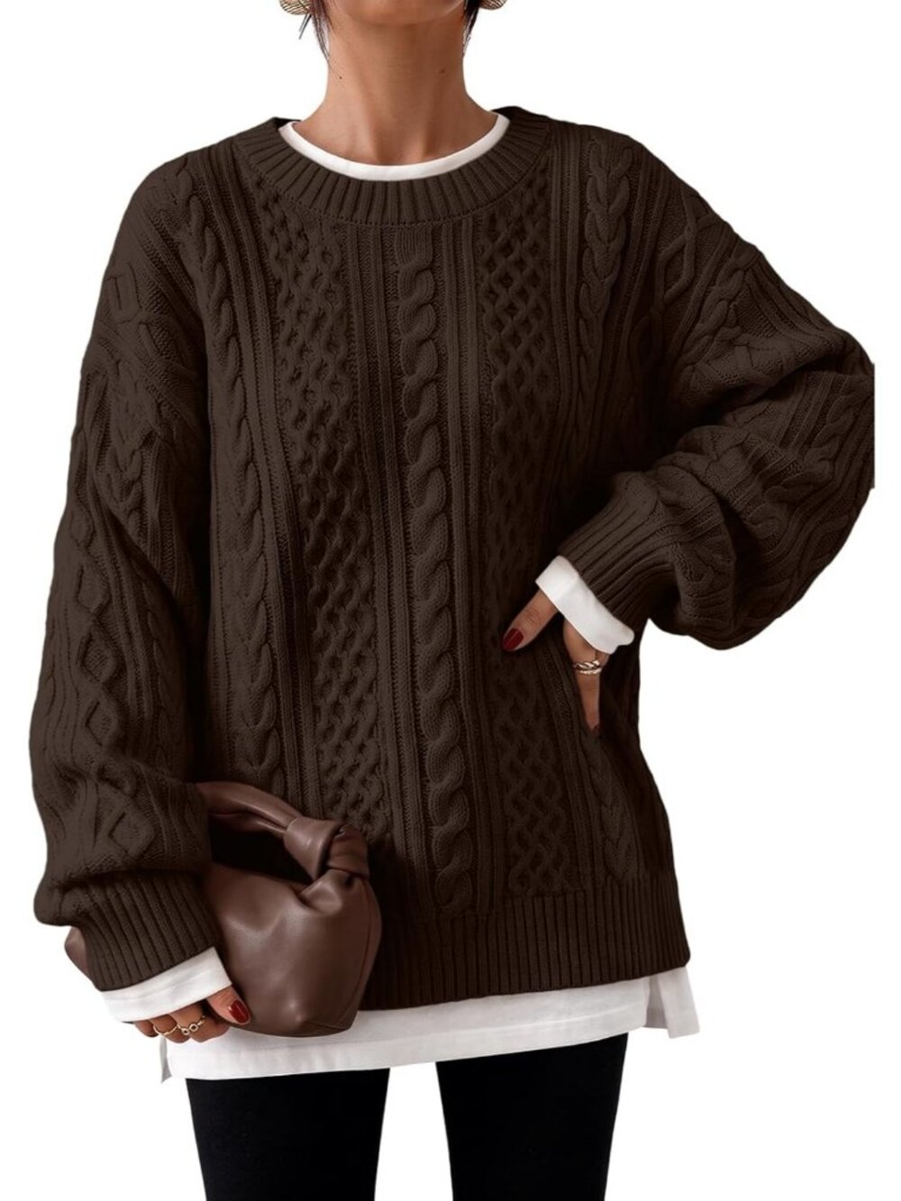 Women's Brown Crewneck Cozy Warm Winter Clothes Oversized Cable Knit Sweaters